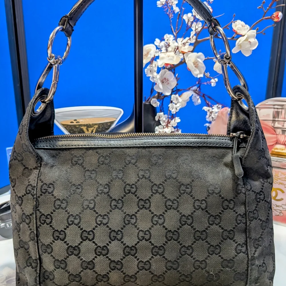 Gucci Black Denim And Leather Shoulder Bag with Monogram Canvas - Picture 2 of 16